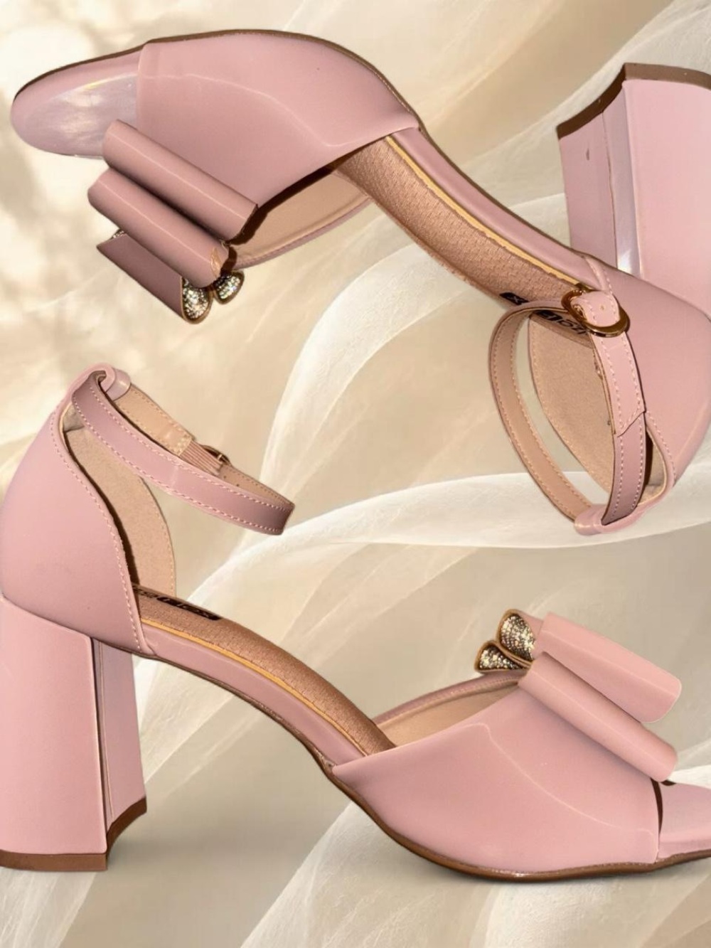 Calza Flex Pink Bow Rhinestone Heart Ankle Strap Block Heels 38
